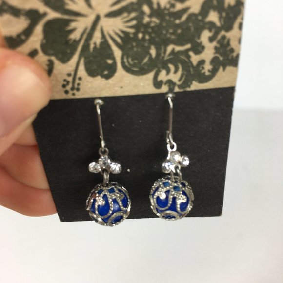 Silver Blue Pierced Earrings Ball Rhinestone Hang - Picture 2 of 5